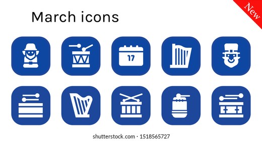 march icon set. 10 filled march icons.  Collection Of - Leprechaun, Drum, Saint Patrick, Harp icons