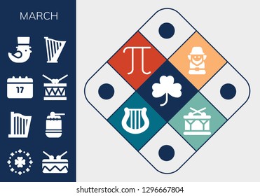  march icon set. 13 filled march icons. Simple modern icons about  - Clover, Saint Patrick, Drum, Harp, Leprechaun, Pi