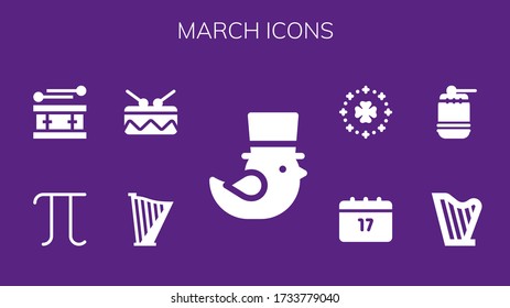 march icon set. 9 filled march icons. Included Saint Patrick, Harp, Drum, Pi icons