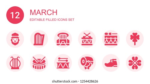 march icon set. Collection of 12 filled march icons included Saint Patrick, Harp, Siam paragon, Drum, Leprechaun shoe, Clover