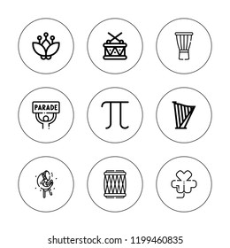 March icon set. collection of 9 outline march icons with clover, blossom, drum, drums, harp, parade icons. editable icons.