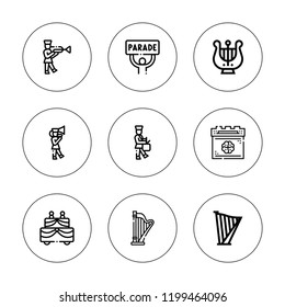 March icon set. collection of 9 outline march icons with harp, parade icons. editable icons.