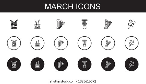 march icons set. Collection of march with drums, drum, harp, clover. Editable and scalable march icons.