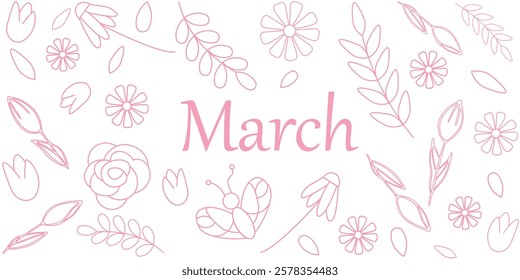 Ilustração de março com elementos florais e padrões decorativos desenhados à mão