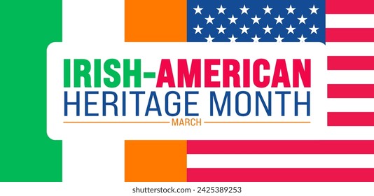 March ist eine Hintergrunddesignvorlage für den Irish American Heritage Month mit der Nationalflagge der Vereinigten Staaten und Irlands. Verwenden Sie diese, um Hintergrund, Banner, Plakat, Karte und Poster-Designvorlage zu verwenden. Vektor-Illustration