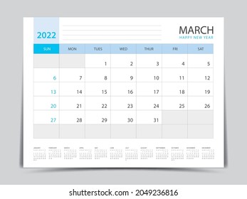 March layout design, calendar 2022 year template, Planner simple, Desk calendar 2022 design, Week Starts on Sunday, Wall calendar design, printing media, advertisement, office organizer, vector
