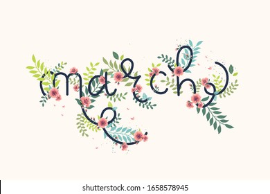 March lettering decorated with cherry blossom flowers, green leaves and branches.