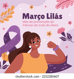 Março Lilás, March lilac. Cervical Cancer Awareness Month. Lilac ribbon.
