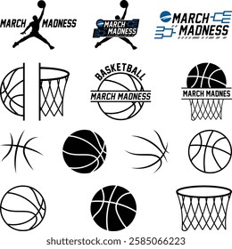 March Madness Basketball Logos, March Madness Basketball Icons, Basketball Vector Silhouette Illustration