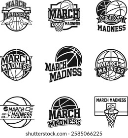 March Madness Basketball Logos, March Madness Basketball Icons, Basketball Vector Silhouette Illustration