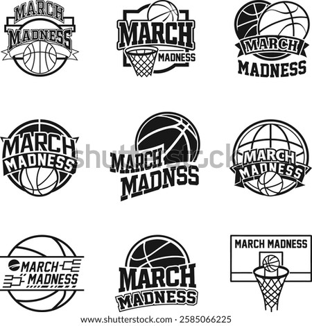 March Madness Basketball Logos, March Madness Basketball Icons, Basketball Vector Silhouette Illustration