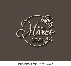 März oder Marzo in spanischer Sprache, Typografie-Text mit isoliertem Kreis, floraler Rahmen auf schwarzem Hintergrund