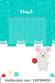 March month 2020 template design. Calendar 2020 with funny and cute rat. Vertical layout. Animal character playing bowling. Vector illustration