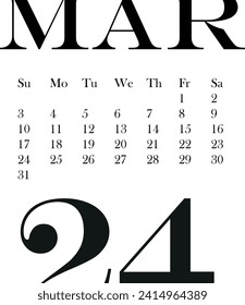 March month 2024 calendar template without background, for use in notebooks or for printing, vector