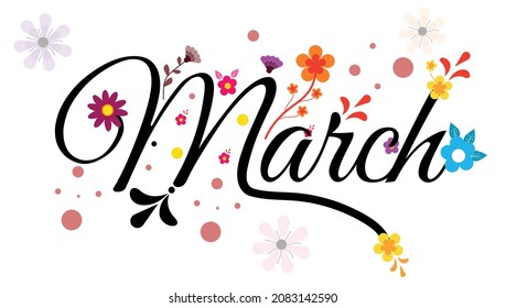 March month banner text hand lettering with flowers, birds, and leaves. Illustration march - Shutterstock ID 2083142590