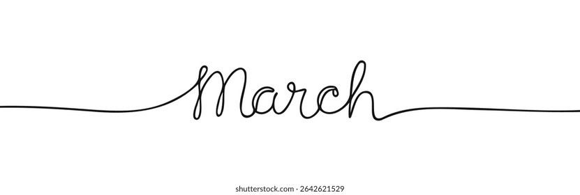March month continuous one line drawing with word. Minimalistic drawing of phrase illustration.