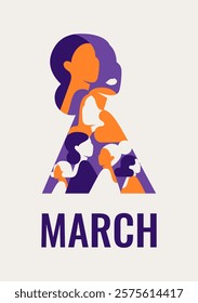 March month greeting card Different women inside big female silhouette in purple colors. Strong and brave girls support each other and feminist movement. Sisterhood and female friendship. Vector