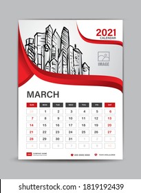 March month layout. Desk calendar 2021 template with city vector illustration, Wall calendar Planner, Can place pictures and other images instead. Red abstract background