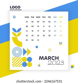 March month, minimalist, geometric calendar 2023, advertising, print, poster in blue and yellow colors, template for your business, stationery