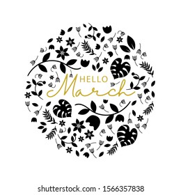 March month name. Lettering with branches and young leaves. Vector illustration.