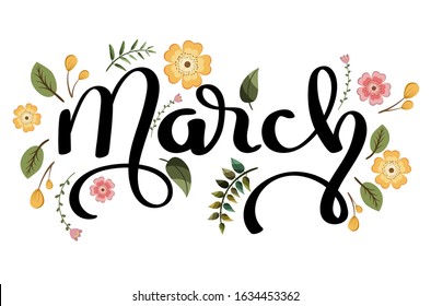 March month name text lettering vector with flowers and leaves. Decoration floral. Illustration month march