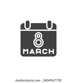 Icono vectorial del programa del mes de marzo. signo plano relleno para concepto móvil y diseño web. icono de glifo del calendario del día 8 de marzo. Símbolo del Día Internacional de la Mujer, ilustración del logo. Gráficos vectoriales