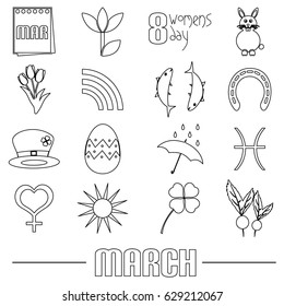 march month theme set of simple outline icons eps10