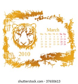 March month with tiger grunge Calendar 2010 year