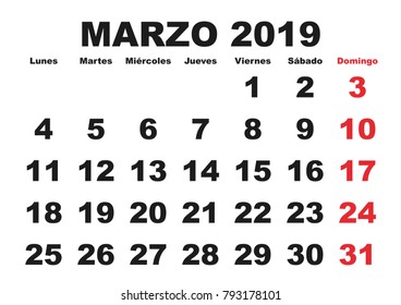 March month in a year 2019 wall calendar in spanish. Marzo 2019. Calendario 2019