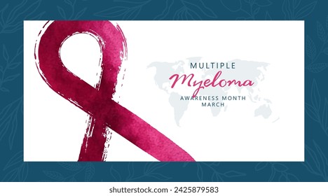 March Multiple Myeloma Awareness Month. Banner template with burgundy watercolor ribbon and text. Vector illustration.