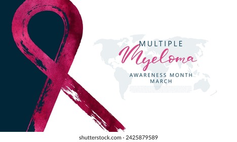 March Multiple Myeloma Awareness Month. Banner template with burgundy watercolor ribbon and text. Vector illustration.