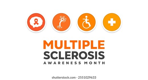 Marzo es el Mes de Concientización sobre la Esclerosis Múltiple. Cerebro, cinta, célula, personas e icono plus. Ideal para tarjetas, Anuncios, carteles, redes sociales y más. El fondo blanco.
