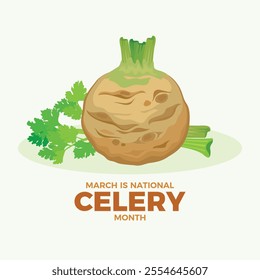 March is National Celery Month poster vector illustration. Celery root and stem vector illustration. Fresh celery bulb and stalk icon set. Root vegetable drawing. Template for background, banner, card