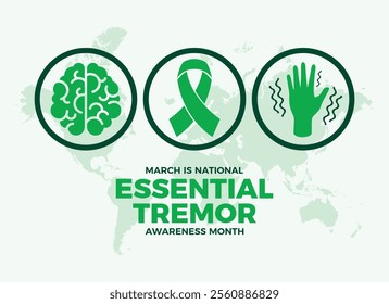 March is National Essential Tremor Awareness Month poster vector illustration. Green awareness ribbon, hand shaking, brain icon set. Template for background, banner, card. Important day