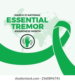 March is National Essential Tremor Awareness Month poster vector illustration. Green awareness ribbon, hand shaking tremors icon vector. Template for background, banner, card. Important day