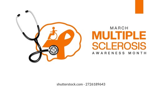 März ist der nationale Monat der Multiple-Sklerose-Bewusstseinsbildung. Gehirn, Menschen, Band und Stethoskop. Ideal für Karten, Banner, Poster, Social Media und mehr. Weißer Hintergrund.  