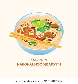 March is National Noodle Month vector. Bowl with noodles icon vector. Noodles with meat and vegetables vector