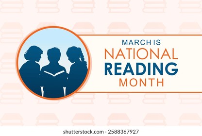 March is National Reading Month background with book and silhouette of 3 students reading books vector design template. Holiday concept. use for background, banner, placard, card, and poster design