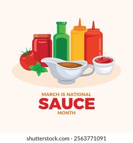 March is National Sauce Month poster vector illustration. Gravy sauce boat, ketchup, mustard, tomato sauce jar icon vector. Sauce and condiments drawing. Template for background, banner, card