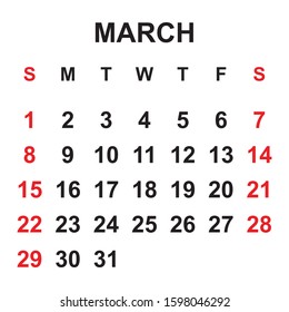 March page business calendar. black and white design weekend red. 2020 year.