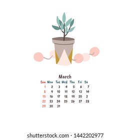 March page for calendar with cartoon doodle style hand drawn home plant and light bulb garland. Stock vector
