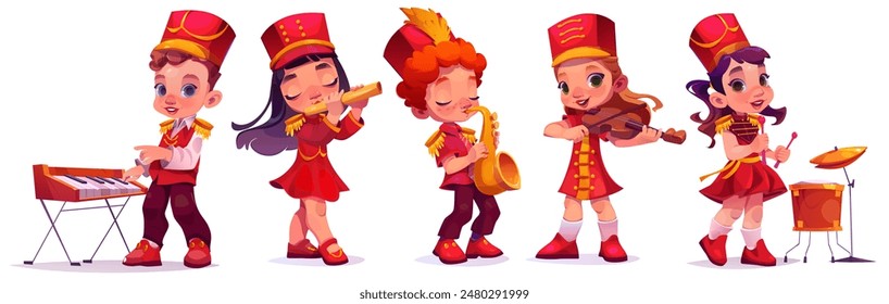 March parade music kid character band cartoon. Drum, trumpet, trombone and sax instrument for playing military children orchestra isolated set. Smiling happy boy and girl in red uniform and boots