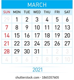 March Planner Calendar 2021. Illustration of Calendar in Simple and Clean Table Style for Template Design on White Background. Week Starts on Sunday