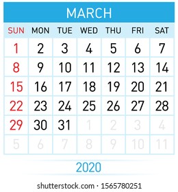 March Planner Calendar. Illustration of Calendar in Simple and Clean Table Style for Template Design on White Background. Week Starts on Sunday