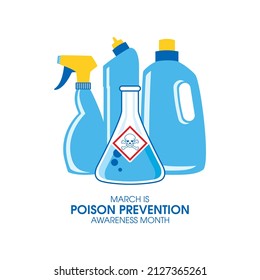 March is Poison Prevention Awareness Month vector. House chemical cleaning supplies vector. Laboratory beaker with toxic liquid and hazard symbol with skull vector