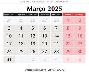 March PORTUGUESE annual calendar for 2025 year. Vector illustration with stylish design for Portugal