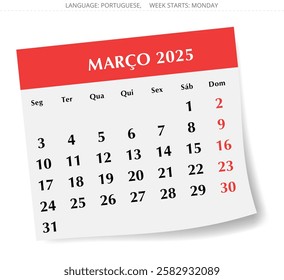 March PORTUGUESE monthly calendar for 2025 year. Vector illustration with stylish paper design for Portugal