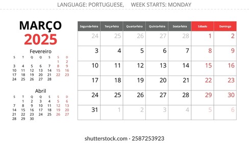 March PORTUGUESE monthly calendar for 2025 year. Vector page illustration for Portugal