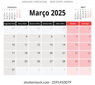 March PORTUGUESE monthly calendar for 2025 year. Vector page illustration for Portugal