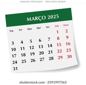 March PORTUGUESE monthly calendar for 2025 year. Vector illustration with paper design for Portugal